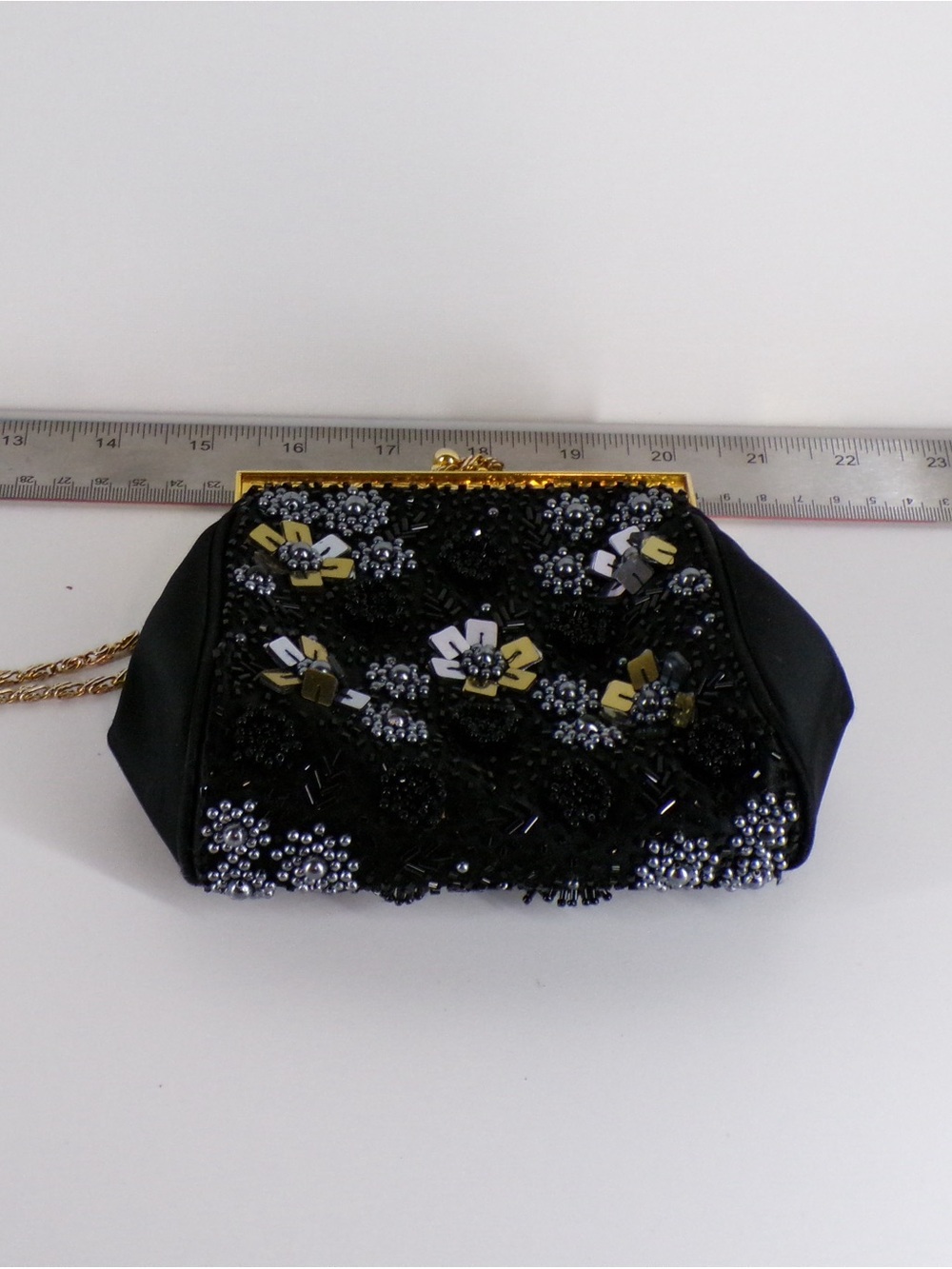 Elegant Black Beaded Evening Clutch with Gold Accents